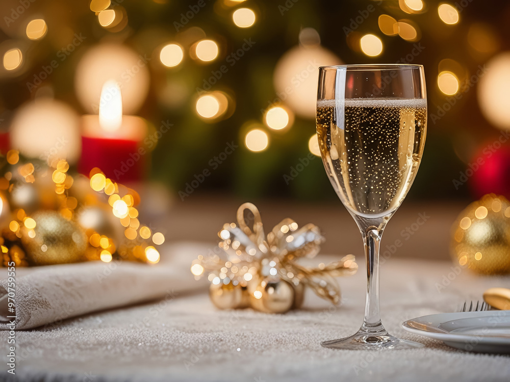 Elegant Christmas Table Setting with a Glass of Champagne and Festive Decorations Elegant Christmas Table Setting with a Glass of Champagne and Festive Decorations