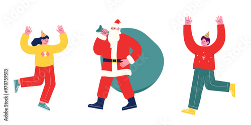 プレゼントを持って来たサンタクロースを歓迎する若者たち。クリスマスを祝うパーティーを一緒に楽しむ陽気な友人達。漫画のキャラクターベクターイラスト