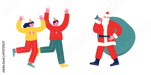 プレゼントを持って来たサンタクロースを歓迎する若者たち。クリスマスを祝うパーティーを一緒に楽しむ陽気な友人達。漫画のキャラクターベクターイラスト