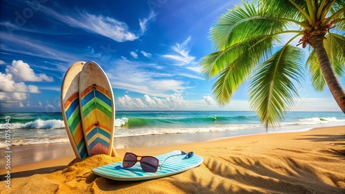 A tropical beach scene with a surfboard stuck in the sand, next to a beach towel, sunglasses, and flip-flops, with gentle waves in the background