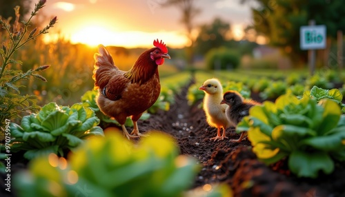 Les poussins suivent leur mère à travers le potager, s’arrêtant devant une belle salade qui semble tout droit sortie d’un tableau gourmand.