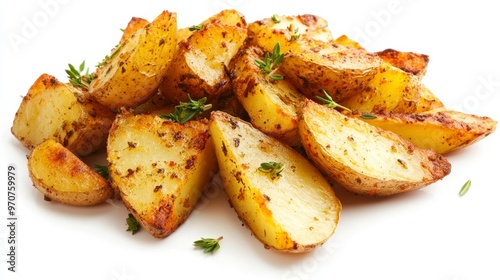 Golden roasted potato wedges seasoned with spices garnished with herbs on a white background