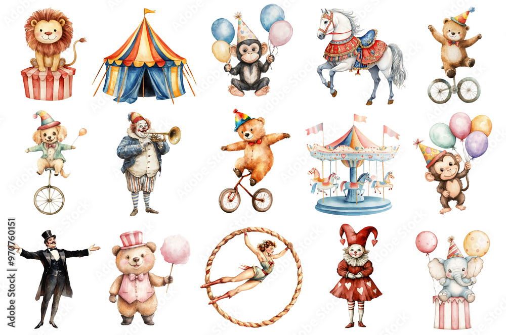 Fototapeta premium Watercolor circus set isolated on transparent background.