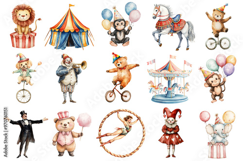 Watercolor circus set isolated on transparent background.