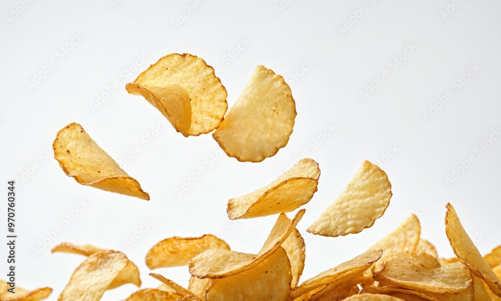 Potato chips falling on white background Potato chips falling on white background