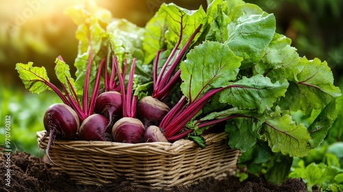 A basket of freshly picked beets (Beta vulgaris) with their deep red roots and lush green tops photo