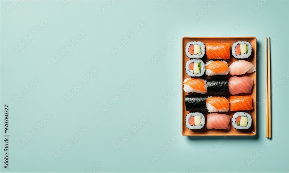 Sushi rolls arranged on plate with chopsticks Sushi rolls arranged on plate with chopsticks