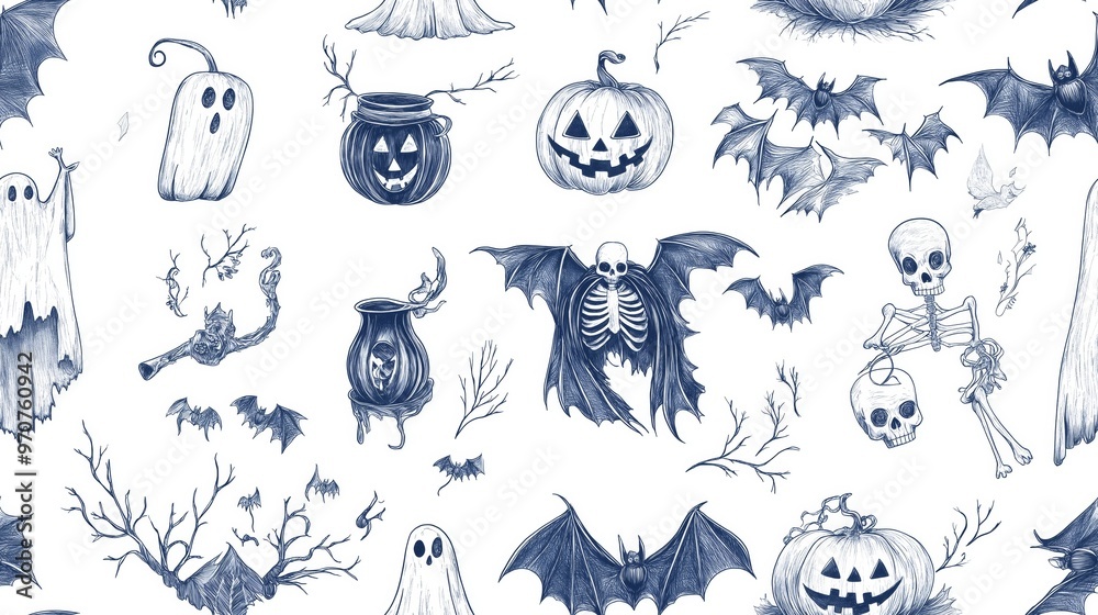 Naklejka premium Halloween pattern. Blue pen drawing of Halloween symbols