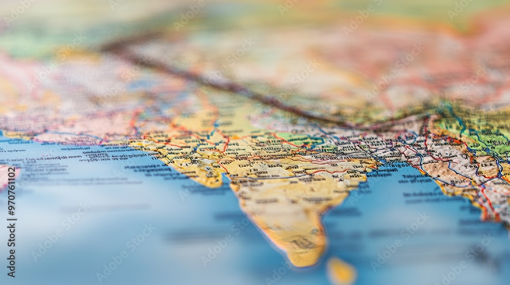 Closeup of border between Andhra Pradesh and Telangana in sharp focus on Indian political map. Political map of India. Indian city map.