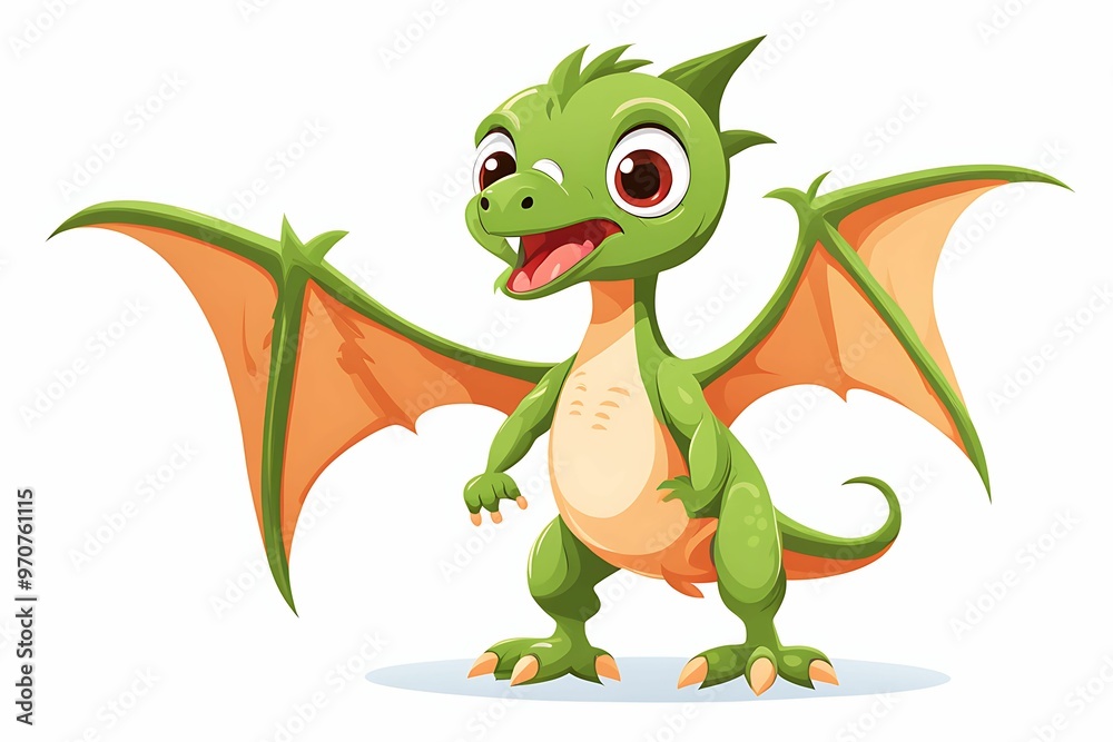 Fototapeta premium Cartoon Green Dragon with Orange Wings Standing on White Background
