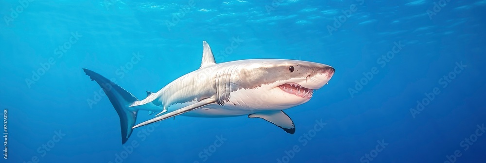 Fototapeta premium Incredible Chum Line Attack by a Great White Shark During a Shark Cage Dive in Port.