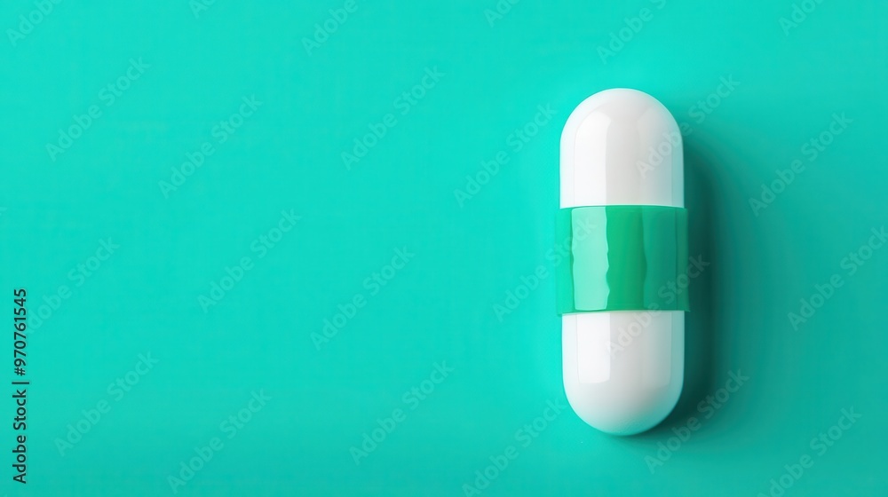 Single vitamin capsule placed on a soft pastel green background, minimalist and clean, top view Single vitamin capsule placed on a soft pastel green background, minimalist and clean, top view