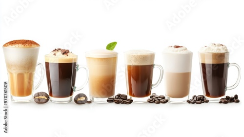 Various hot beverages drinks. Different coffee drinks assorted isolated on white background. Coffee set collection. mocha tea green tea hot chocolate black coffee Matcha cappuccino flat white. photo