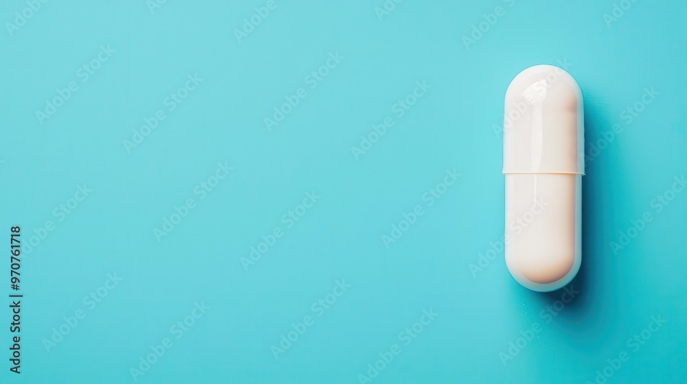Single vitamin capsule surrounded by clean shadows on a pastel blue background, minimalist style, top view Single vitamin capsule surrounded by clean shadows on a pastel blue background, minimalist style, top view