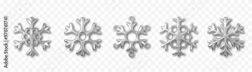 Silver realistic snowflake collection isolated on dark. Christmas metallic shiny decoration vector 3d design element. Silver holiday decorations set