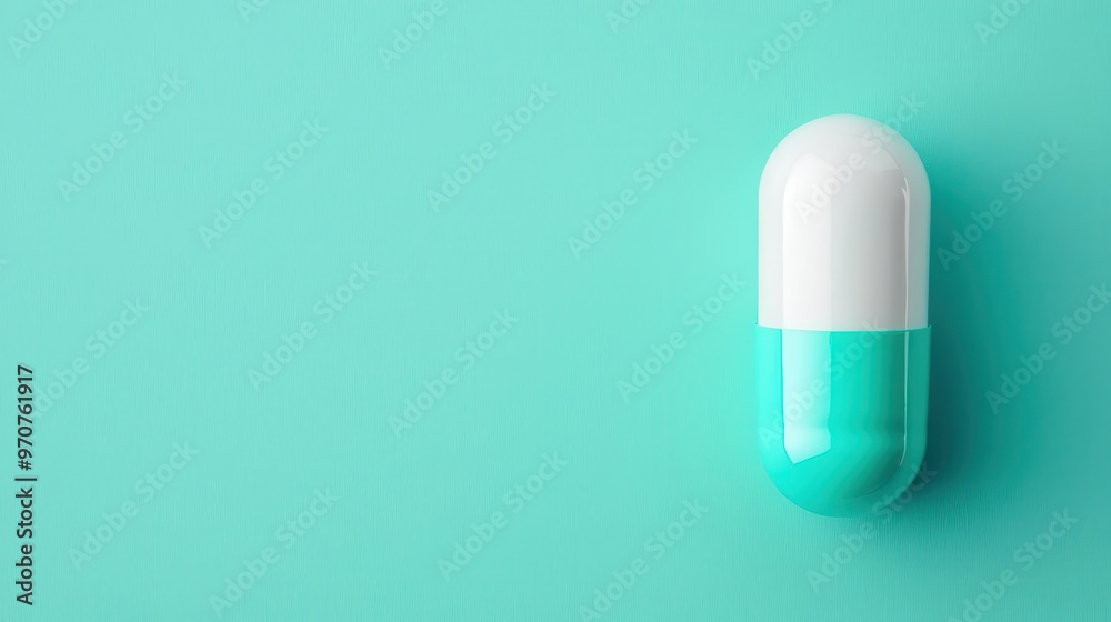 Single vitamin capsule placed on a soft pastel green background, minimalist and clean, top view Single vitamin capsule placed on a soft pastel green background, minimalist and clean, top view