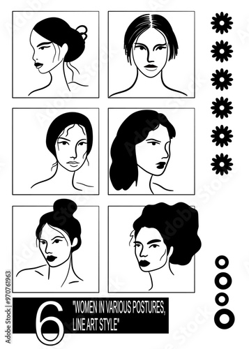 Women in various postures, line art style represents beauty, femininity, and lifestyle. V3