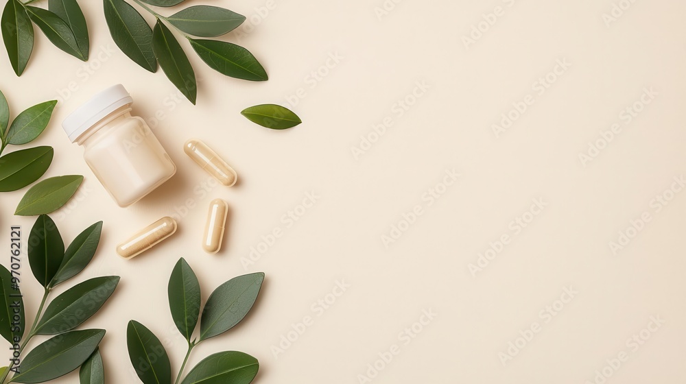 Flatlay of vitamins and natural elements like leaves on a beige surface, soft lighting, minimalist, top view