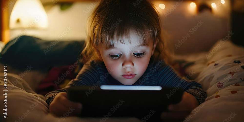 Young girl happily using a tablet in her dimly lit bedroom, exploring the internet and playing games, lost in the world of technology