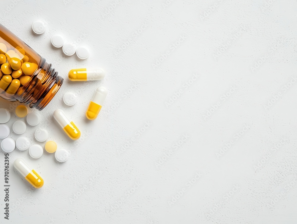 Open supplement bottle with scattered pills on a textured white surface, minimalist aesthetic, clean layout, top view Open supplement bottle with scattered pills on a textured white surface, minimalist aesthetic, clean layout, top view