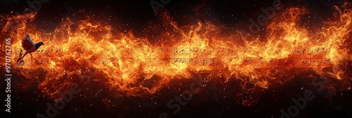 Bird Flying Through Fire with Music Notes