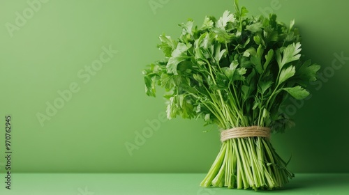 A fresh bundle of green herbs neatly arranged on a bright green surface, emphasizing natural cooking ingredients.