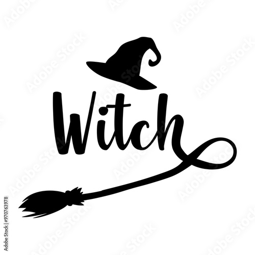 Logo con silueta de sombrero y escoba de bruja como floritura de la palabra manuscrita Witch para felicitaciones y tarjetas de Halloween