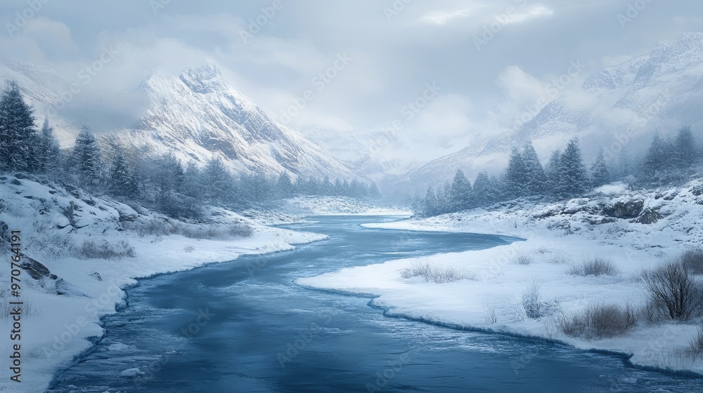 A frozen river winding through a snow-covered valley, creating a tranquil winter scene. A frozen river winding through a snow-covered valley, creating a tranquil winter scene.