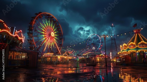 The ferris wheel and other rides come to life as the ling lights illuminate the darkening sky giving the fair an enchanting and magical ambiance