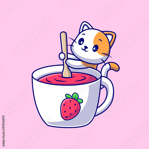 Cute Cat Mixing Strawberry in Cup Cartoon Vector Icon
Illustration. Animal Drink Icon Concept Isolated Premium
Vector. Flat Cartoon Style