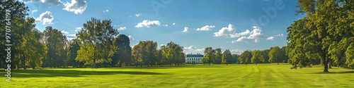 Scenic green pasture perfect for horseback riding set against an ornate classical estate