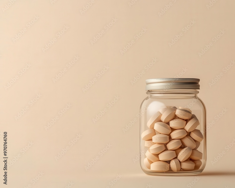 Clear glass jar with multivitamins on a light beige background, minimalist aesthetic, soft shadows, top view Clear glass jar with multivitamins on a light beige background, minimalist aesthetic, soft shadows, top view