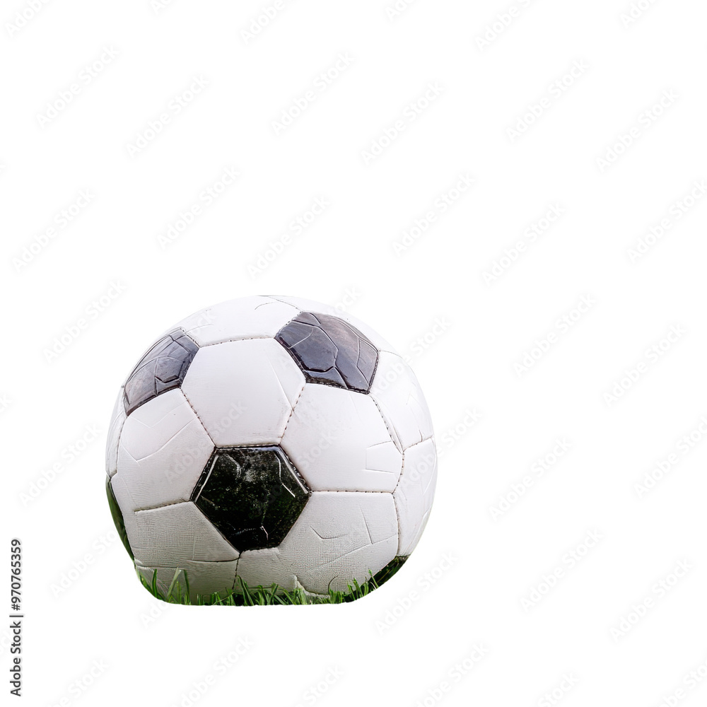 A close-up of a classic black and white soccer ball resting on green grass, perfect for sports and athletic themes. A close-up of a classic black and white soccer ball resting on green grass, perfect for sports and athletic themes.