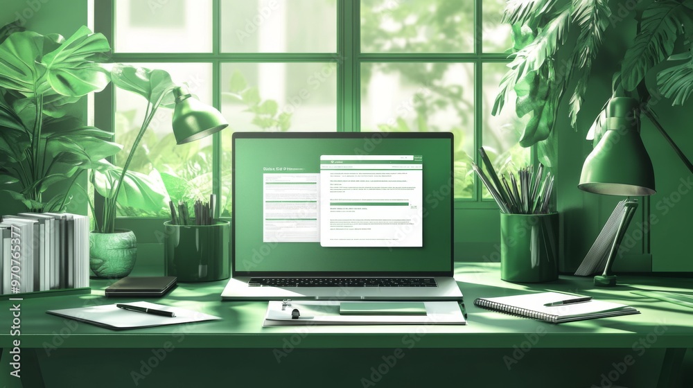 Cozy home Office Concept Showcasing Minimalist Style: A work Desk with computer, Documents, green plants and Well-Lit Interior. graphic Resources, Illustration, Cozy home Office Concept Showcasing Minimalist Style: A work Desk with computer, Documents, green plants and Well-Lit Interior. graphic Resources, Illustration,