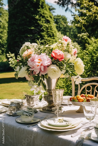 Holiday tablescape, formal dinner table setting, peony flowers table scape with peonies decoration for wedding party and event celebration, post-processed, generative ai
