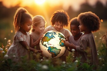 International day of peace concept, african children holding earth globe, group of multiracial children holding planet earth planet earth over defocused garden background.