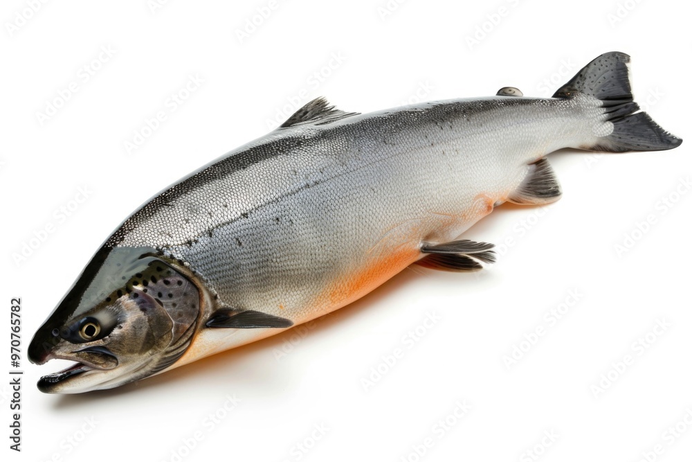 A fish lying down on a white surface, great for use as a design element or illustration