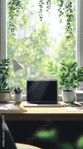 Cozy home Office Concept Showcasing Minimalist Style: A work Desk with computer, Documents, green plants and Well-Lit Interior. graphic Resources, Illustration, 