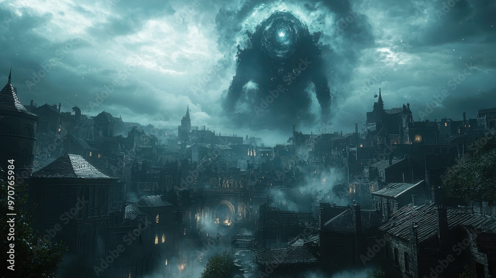 Obraz premium Enigmatic Cosmic Presence Over Ancient Dark Village Shrouded in Mist