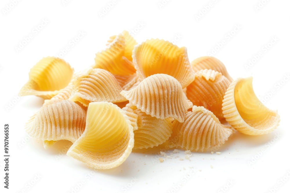 Freshly cooked pasta shells arranged on a clean white surface Freshly cooked pasta shells arranged on a clean white surface