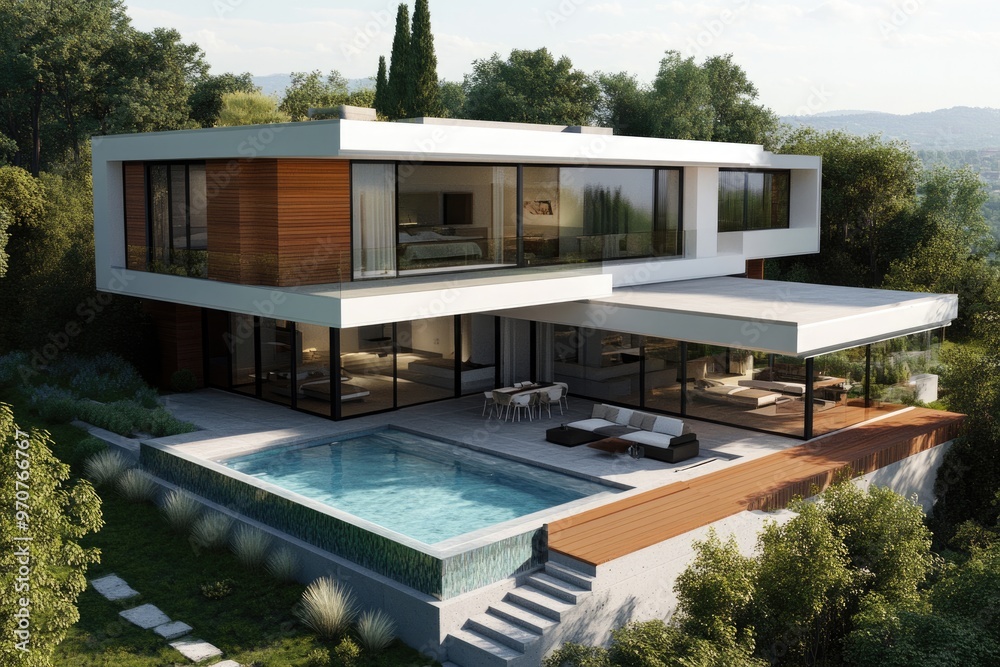 Modern villa with open plan living private bedroom wing and pool. Modern villa with open plan living private bedroom wing and pool.