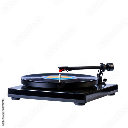 Classic vinyl record player, showcasing a sleek design and vibrant record, perfect for music enthusiasts and retro vibes. photo