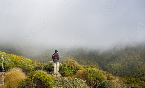 Obraz na płótnie Backpacker enjoying the views of mountains in the clouds. Pouakai circuit. Egmont National park. New Zealand. w salonie