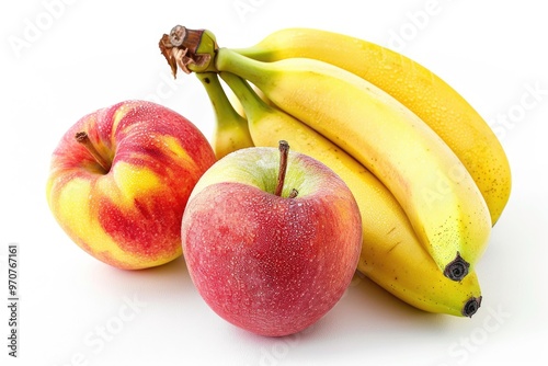 A still life image featuring a selection of fresh fruit, including bananas and apples, arranged on a white surface