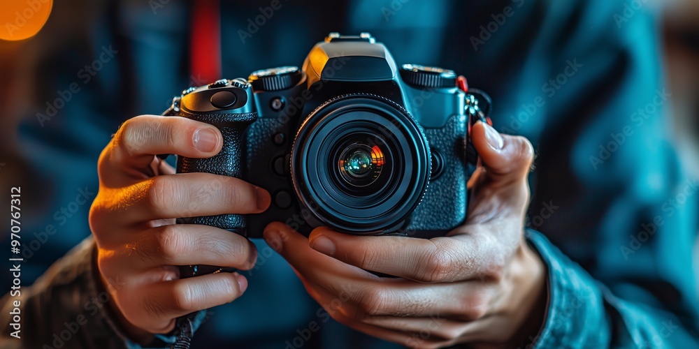 A close-up of a photographer holding a DSLR camera with focus on the lens, ready to capture detailed and creative images. A close-up of a photographer holding a DSLR camera with focus on the lens, ready to capture detailed and creative images.