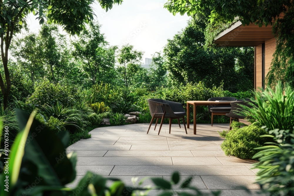 Obraz premium green garden of terrace with chairs and desk of wood