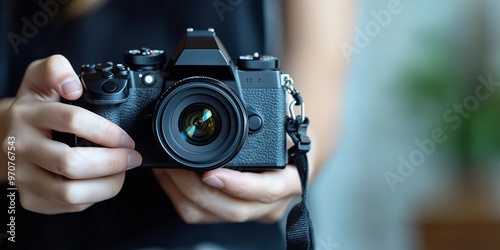 A close-up of a photographer holding a DSLR camera with focus on the lens, ready to capture detailed and creative images.