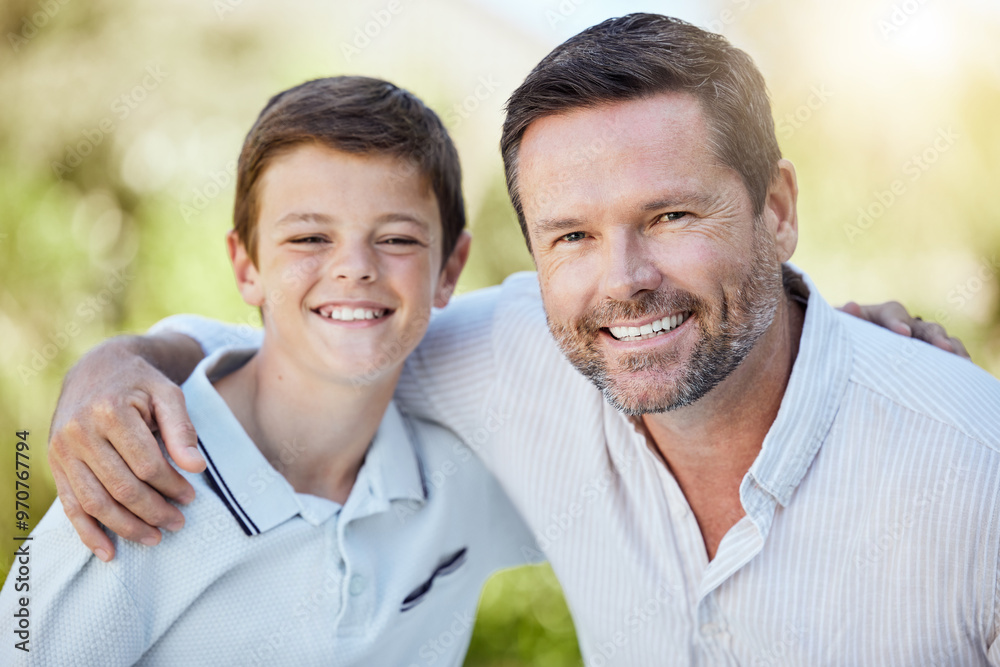 Obraz premium Portrait, happy and child with father in nature for bonding, travel and adventure on vacation. Outdoor, smile and boy with dad in park for connection on holiday, getaway or weekend trip in Australia