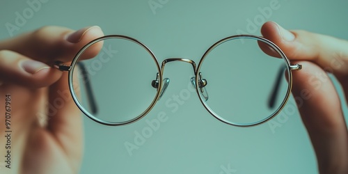 A close-up of a pair of round glasses being held up in front of a light blue background, focusing on the details of the frame.