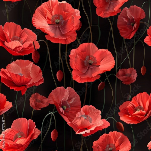 watercolor poppies pattern with a red flower background. ai generated